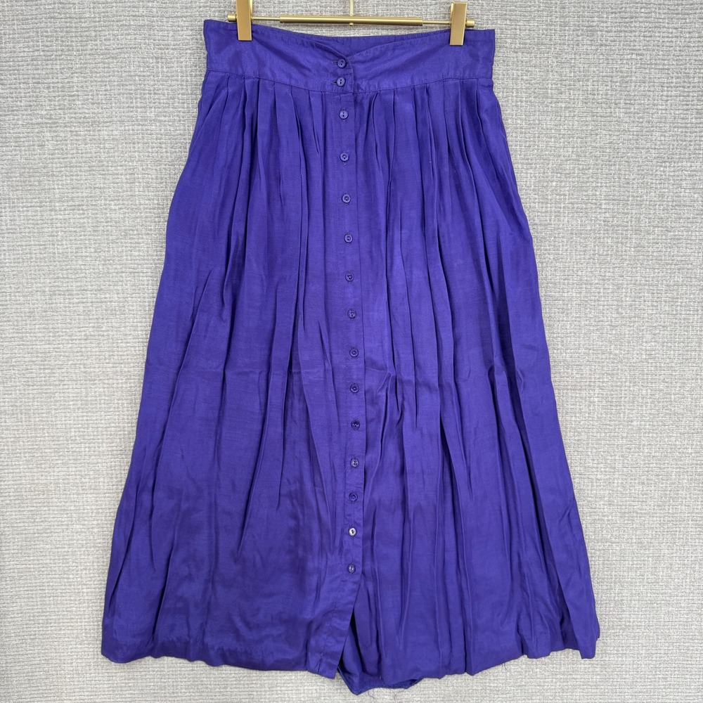Vtg CLAUDE Purple Button Front Pleated‎ Midi Skirt Sz 11/12 cottage country